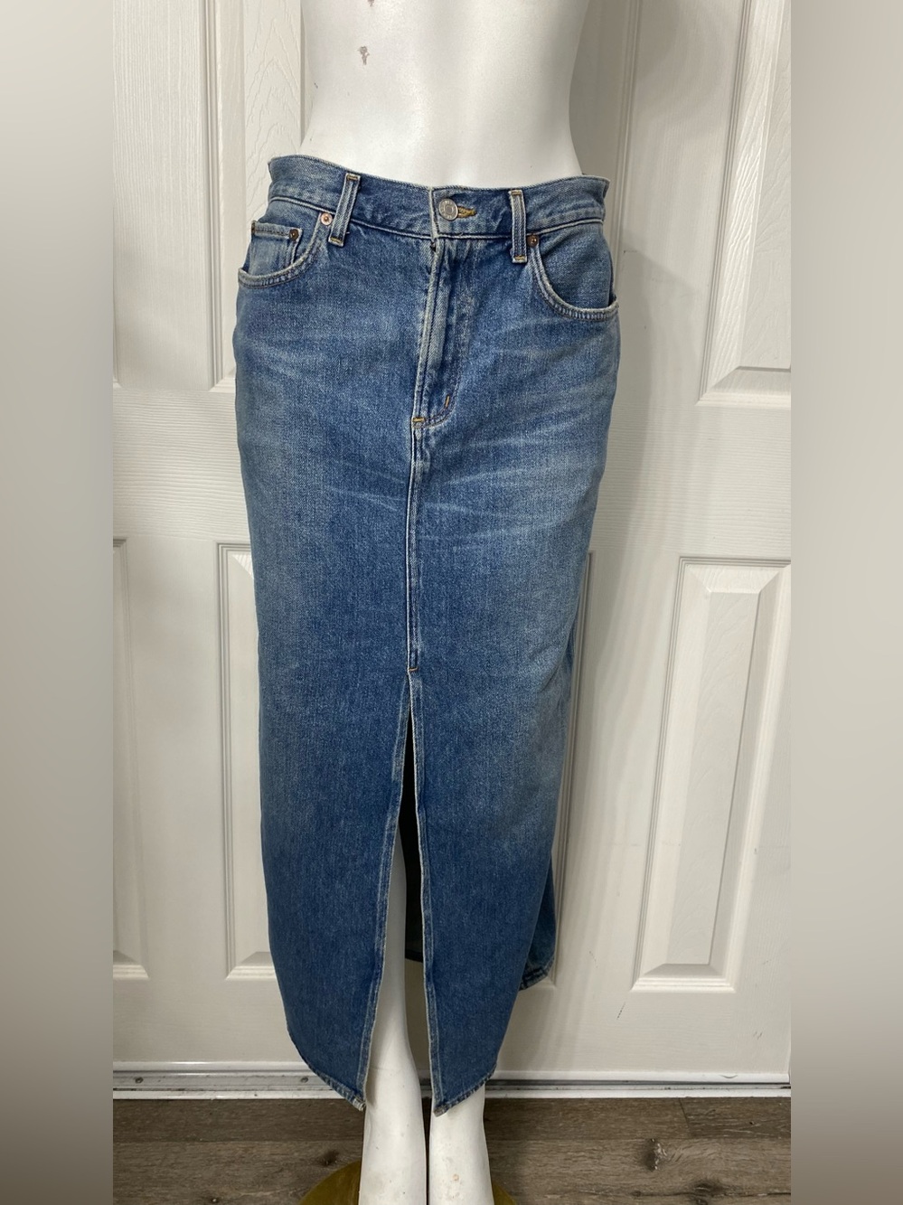 Agolde Light Blue Straight-Leg Denim Skirt with Center Slit - Picture 3 of 11